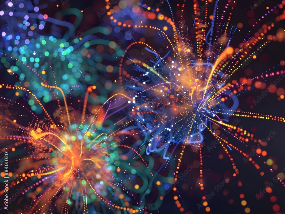 Poster breathtaking 3d rendered digital fireworks display made of dynamic particles bursting with a vibrant