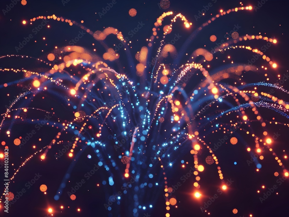 Poster captivating 3d rendered fireworks made of shimmering digital particles exploding in a vibrant colorf