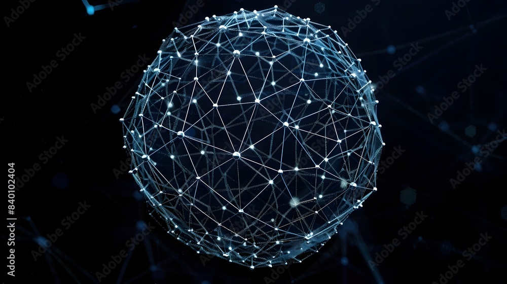 Poster a 3d rendered image of an interconnected tech network sphere with a complex web of digital nodes geo