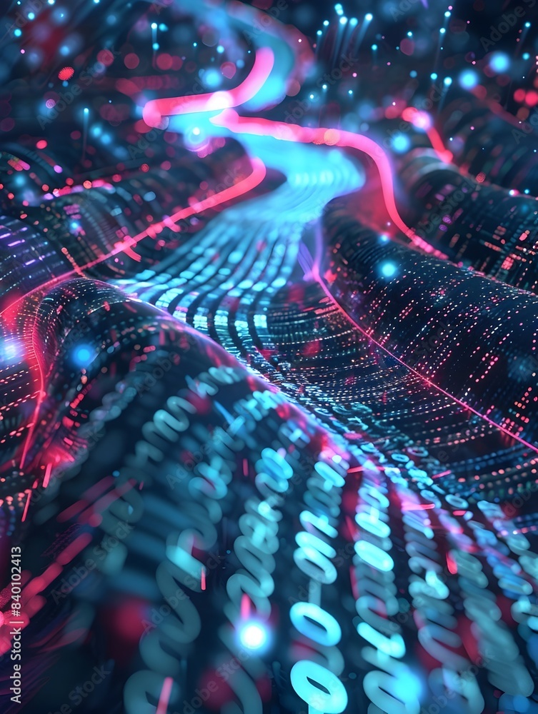 Poster mesmerizing digital showcasing the dynamic flow of data streams within a futuristic neon lit landsca