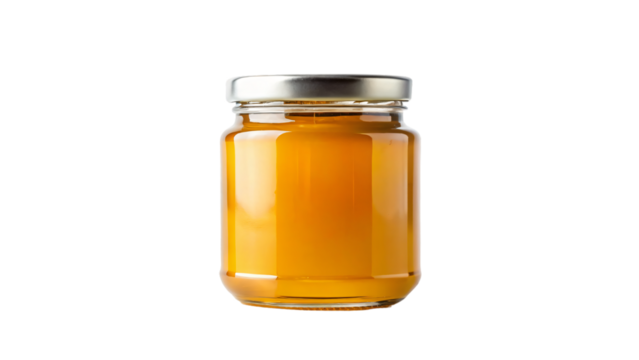 A jar of golden honey, isolated on white, offers a sweet and healthy touch to any meal