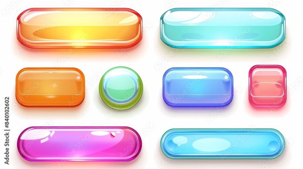 Poster blank glossy web buttons set of rainbow colors isolated on white background for game menus, apps or 