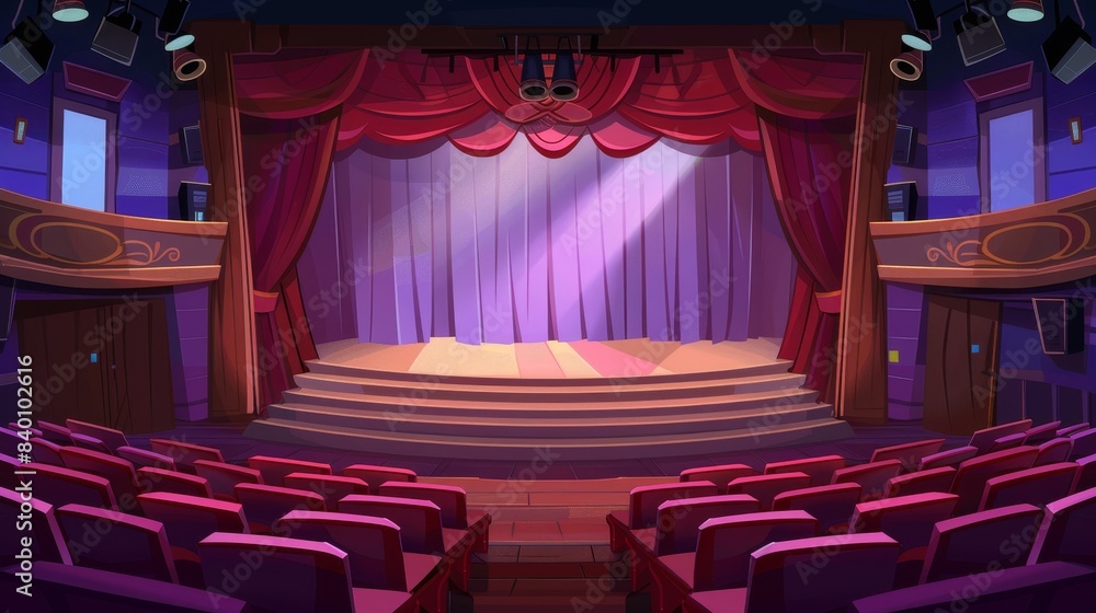 Aufkleber animation background with 2d layer separation. red curtains, decorations, and spotlights at theater 