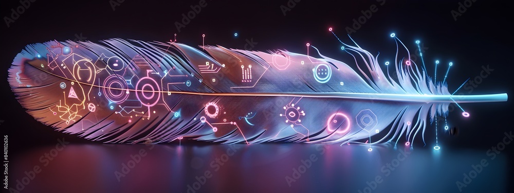 Poster digitally rendered feather with futuristic tech designs an abstract visually striking featuring a fe