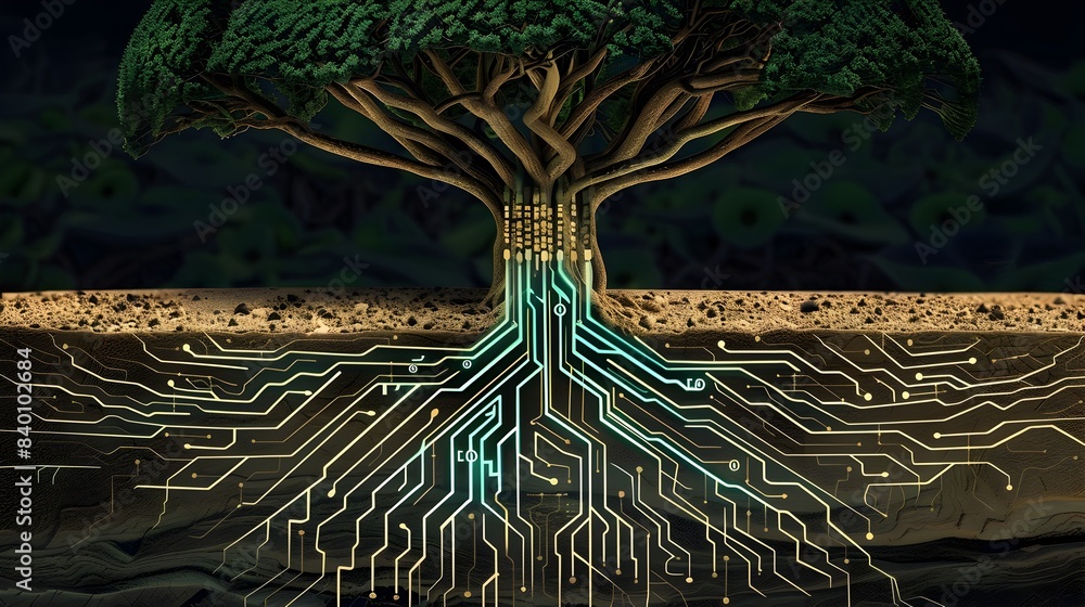 Poster technological tree roots a digital nature scene depicting the roots of a tree made up of interconnec