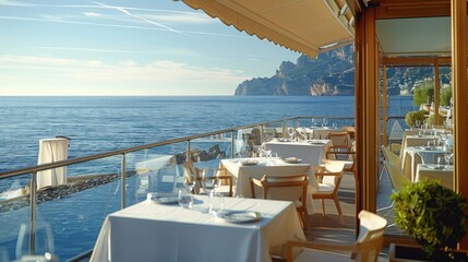 Fototapeta premium Luxury restaurant near sea, Romantic dinner on sea beach. Generative AI.
