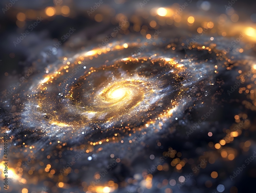 Poster a captivating 3d rendered image of a spiral galaxy composed of digital elements radiating with glowi