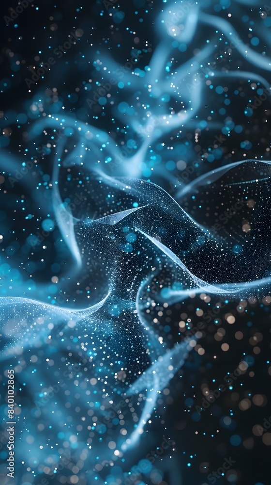 Poster captivating of flowing digital particles forming dynamic abstract tech shapes in a surreal glowing c