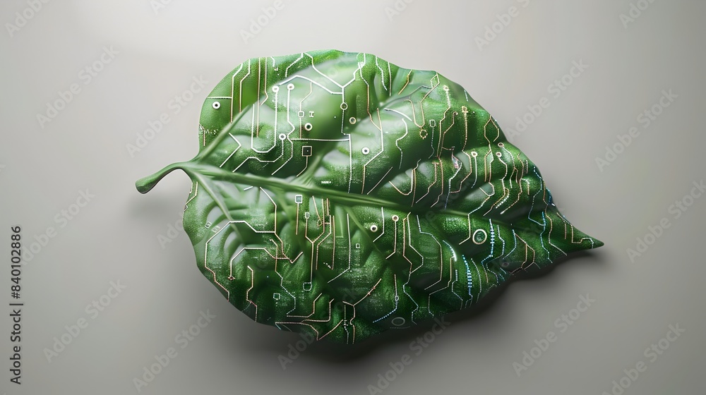 Poster captivating tech leaf circuit patterns blending with organic nature in a futuristic and environmenta