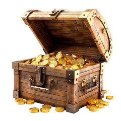 PNG Old wooden open treasure chest with gold coins isolated on white or transparent background