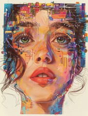 A ballpoint pen with multi-color drawings, a woman merging with chrome engine, geometry, perspective, and extreme dimension