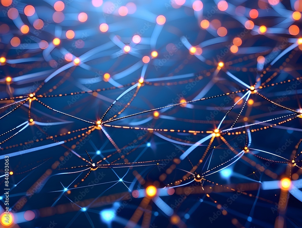 Poster vibrant of an abstract cyber network featuring a dynamic interconnected system of digital nodes circ