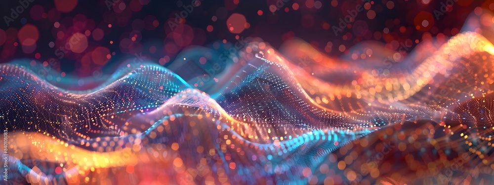 Poster vibrant digital tech waves swirling particles of luminous energy in a futuristic cyber landscape cre