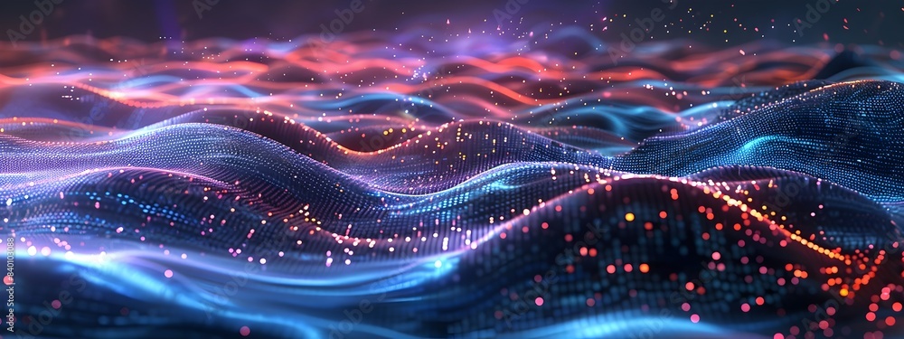 Poster captivating digital tech waves vibrant landscape of shimmering energy flows showcasing a futuristic 