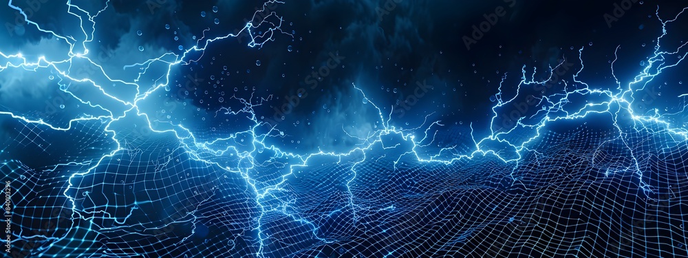 Poster electrifying digital lightning dramatic bolts of illuminated technological power surging through a d