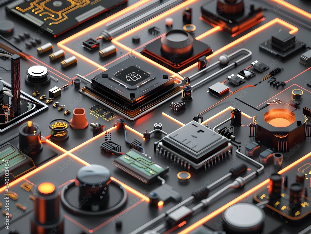 Poster interconnected tech grid futuristic digital circuit with intricate patterns of electronic components