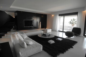 Monochrome Living Area, Living room with monochromatic color scheme and sleek furniture