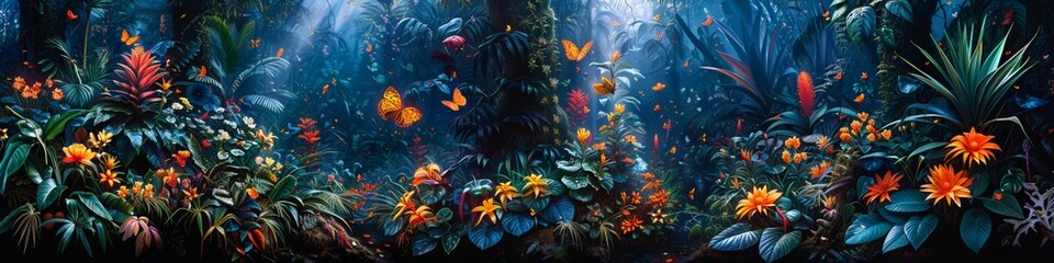 Painting of a jungle with flowers, butterflies in a natural setting