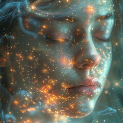 A detailed view of a womans face adorned with glitter
