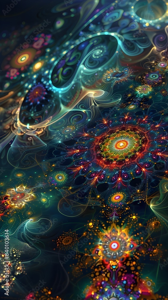 Poster mesmerizing digital fractals intricate psychedelic patterns of vibrant cosmic designs captivating ab