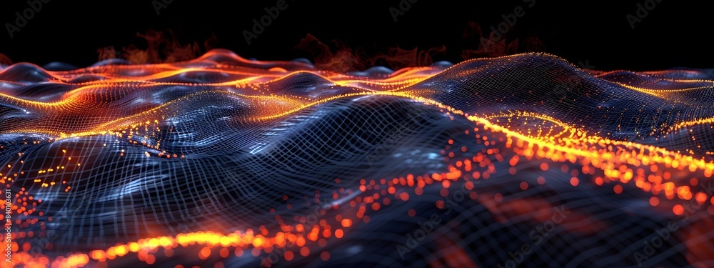 Poster a 3d rendered digital landscape of flowing molten lava with dynamic patterns neon lights and a futur