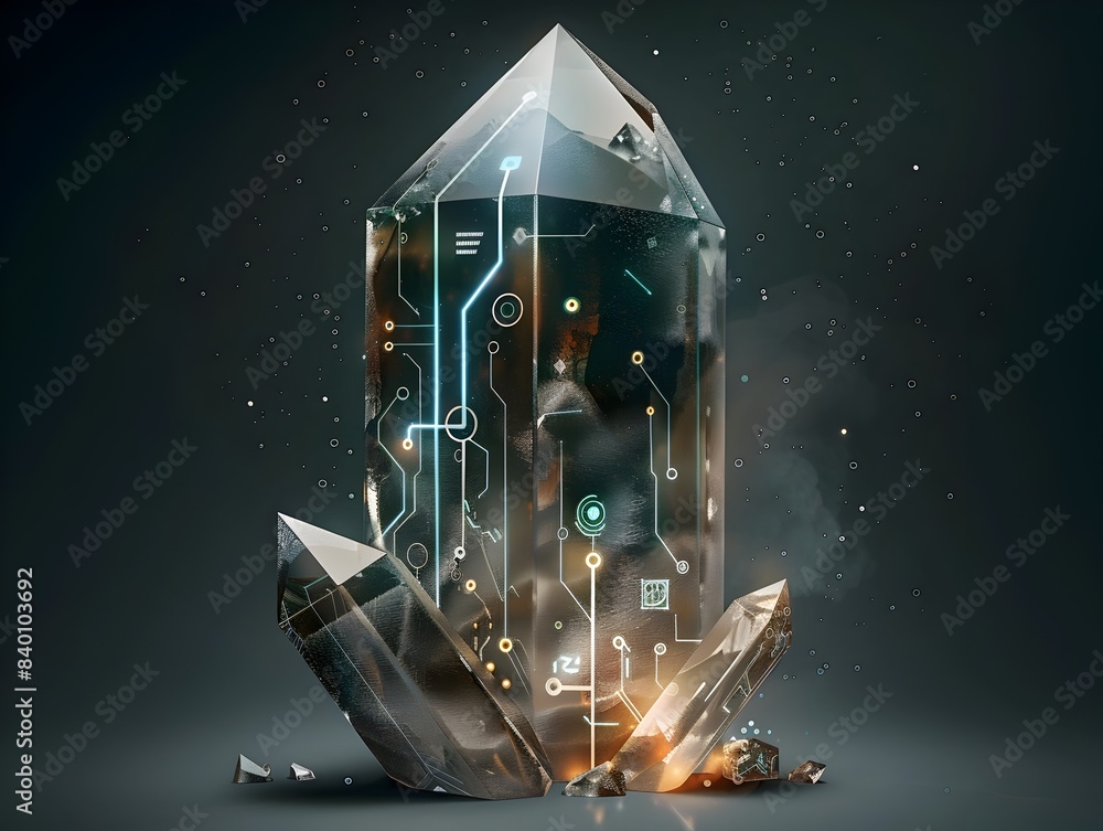 Poster mesmerizing tech crystal a glowing futuristic digital sculpture with embedded tech elements showcasi
