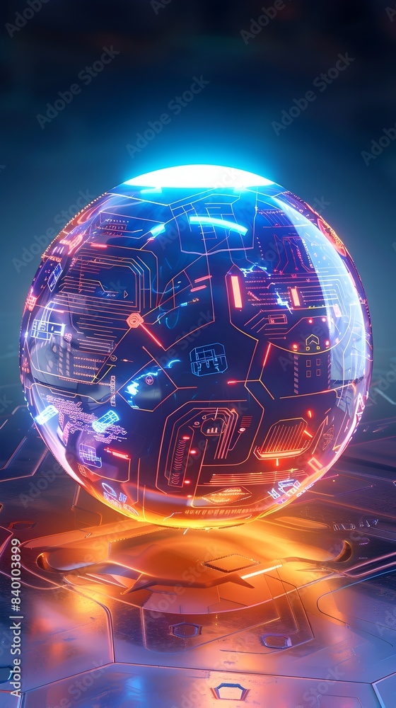 Poster glowing tech orb a futuristic digital sphere with illuminated circuit designs featuring a luminous g