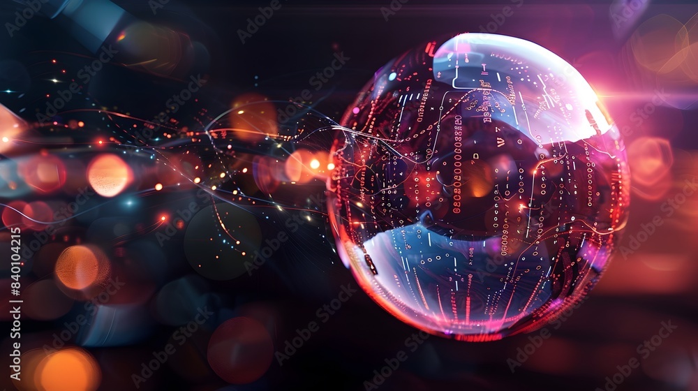 Poster vibrant tech bubble a futuristic sphere glowing with dynamic digital patterns and connections repres