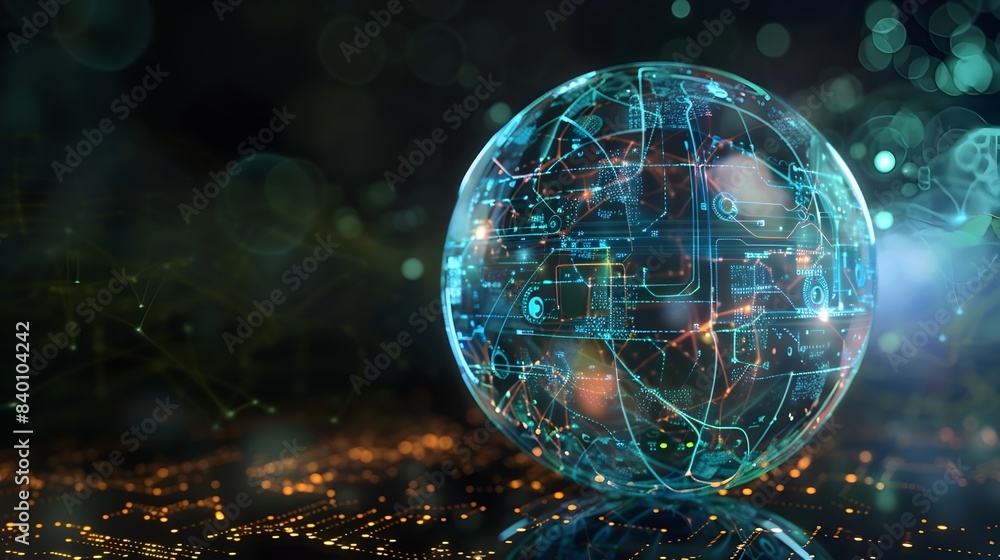 Poster glowing illuminated tech bubble with digital patterns and circuits representing the global network d