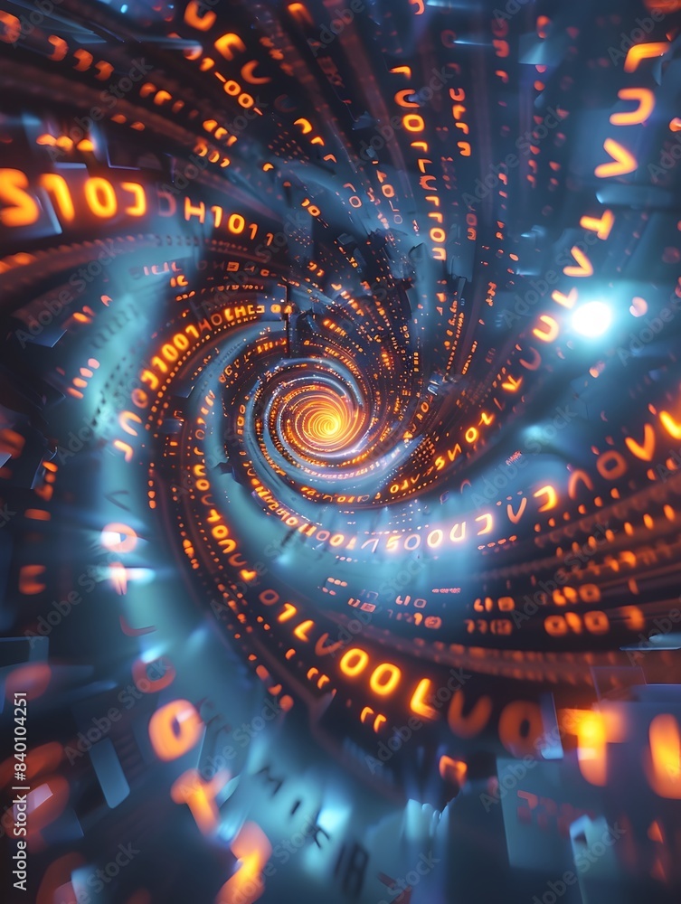 Poster glowing digital tech spiral a 3d rendered futuristic data vortex with mesmerizing swirling patterns 