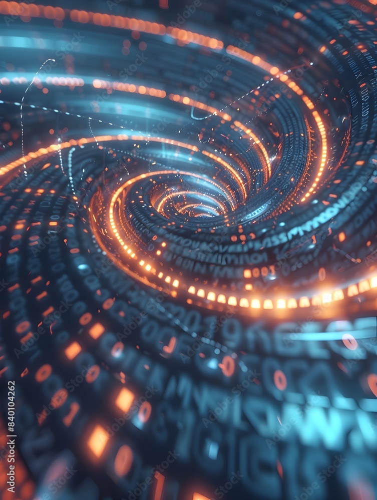 Poster mesmerizing digital tech spiral a glowing 3d rendered data vortex with captivating luminous patterns