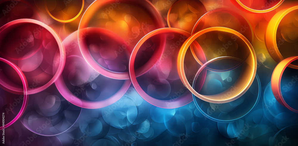 Leinwandbilder A vibrant and colorful abstract design featuring overlapping circles in twelve vivid colors. The design has a flat color style with rhythmic patterns around the edges. Generative AI.
