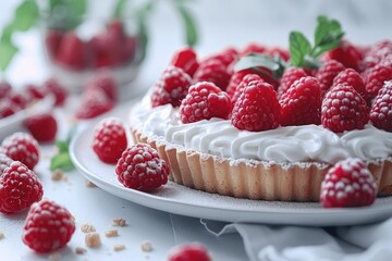 Raspberry tart with fresh raspberries and whipped cream, perfect for a sweet and refreshing dessert, showcasing vibrant and delicious flavors