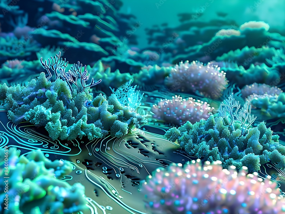 Poster mesmerizing 3d rendering of a coral reef patterns blending with futuristic digital elements creating