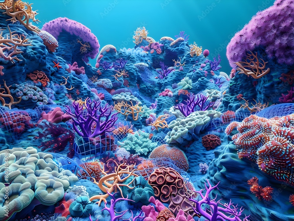Poster mesmerizing 3d rendered coral reef patterns blending with vibrant tech elements creating a captivati