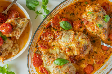 Baked chicken breast with mozzarella and delicious tomato sauce