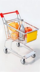 Sleek minimalist of a modern shopping cart with clean lines and a few grocery items or products displayed inside showcasing a contemporary retail or commercial concept