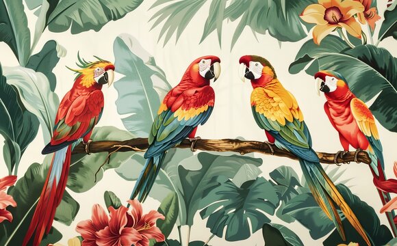 Illustration of colorful macaws in tropical settings