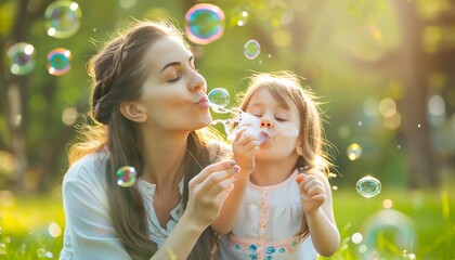 Joyful Moments: Mother and Daughter Creating Memories with Soap Bubbles in the Park