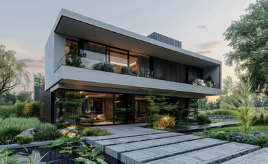 Obraz premium A captivating of a build of architecture, The build presents a balanced structure. The contemporary property features a stunning front garden, minimalist black aluminum windows. Generative AI.