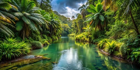 A scenic river winding through a lush rainforest, surrounded by exotic plants and wildlife , Rainforest, river, exotic, plants, wildlife, nature, tropical, adventure, tranquil, serene, lush