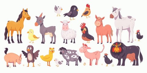 Animals and poultry collection. Vector. Pets, farm animals, birds and mice.