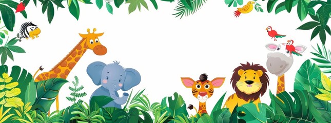 This jungle animal frame design for kids features a zoo banner with zoo animals in tropical forest. Many adorable safari or zoo animals are included in the horizontal panorama.