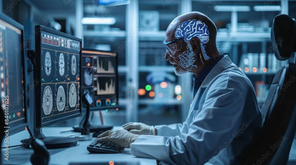 Poster A bald person with a chip implanted in their head, controlling a computer in a laboratory. The computer screen should display brain images and data. high-tech, scientific environment. Generative AI.