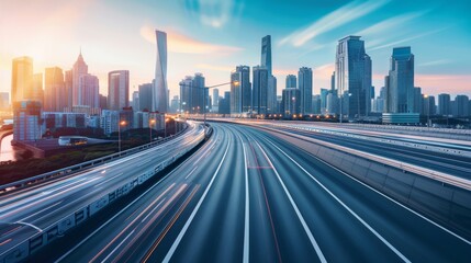 Obraz premium Time-lapse photography of modern futuristic cityscape and highway, lights, road, city