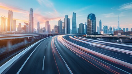 Fototapeta premium Time-lapse photography of modern futuristic cityscape and highway, lights, road, city