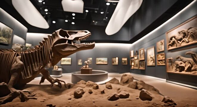 Dinosaur skeletons in a dinosaur museum.