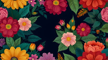 Lush floral pattern with vivid flowers and leaves, background for invitation, mother's day card