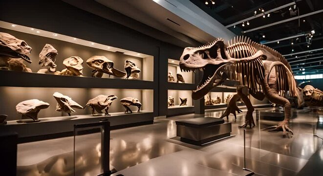 Dinosaur skeletons in a dinosaur museum.