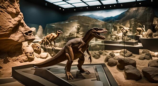 Dinosaur skeletons in a dinosaur museum.